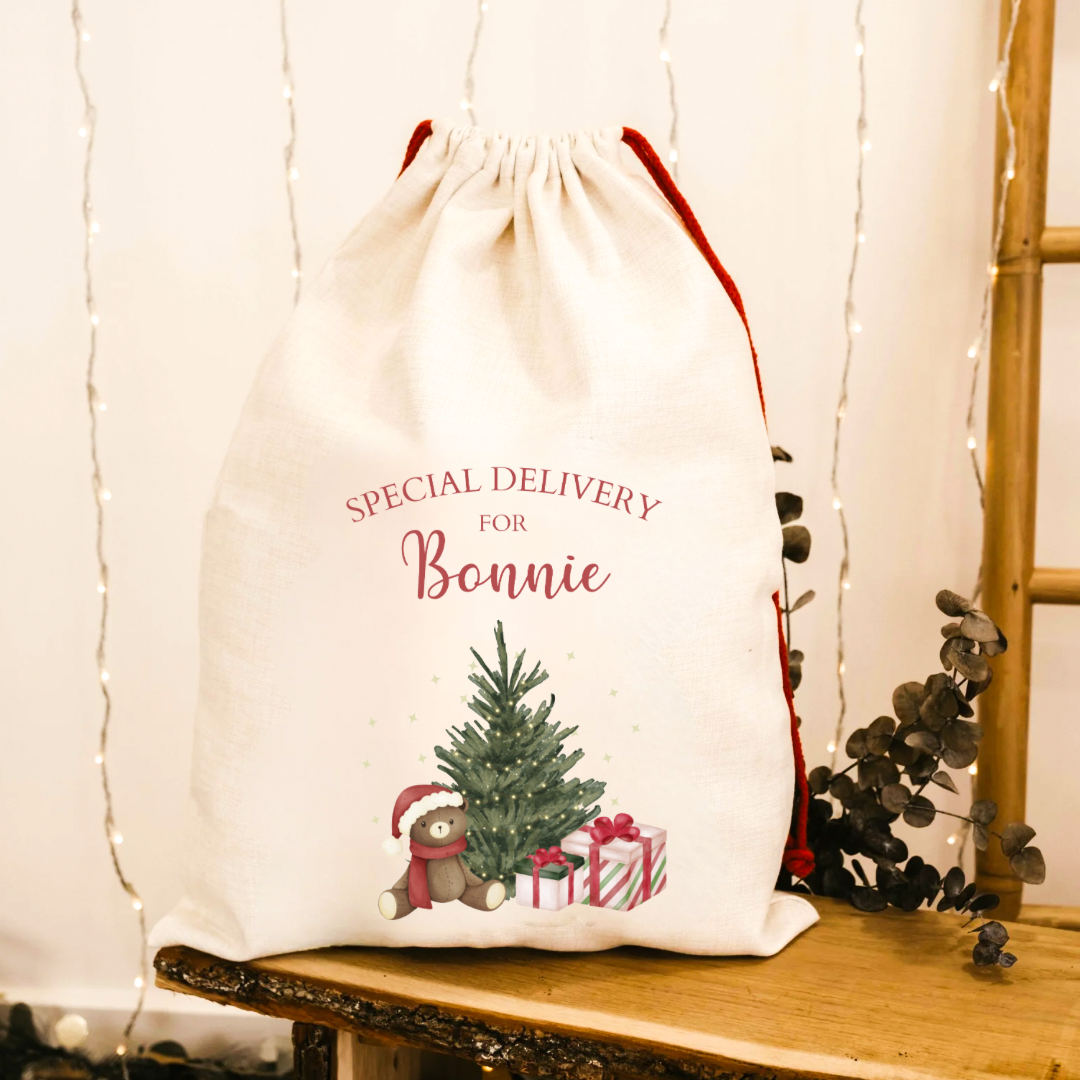 Personalised Linen Santa Sack - Teddy Design