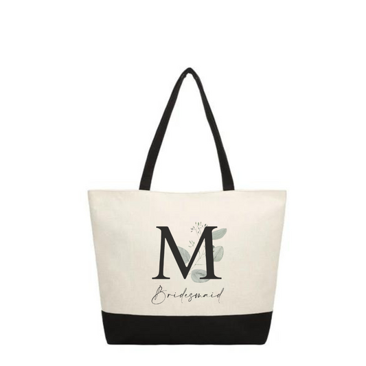 Personalised Bridesmaid Large Linen Shopping Bag - Eucalyptus Initial Design