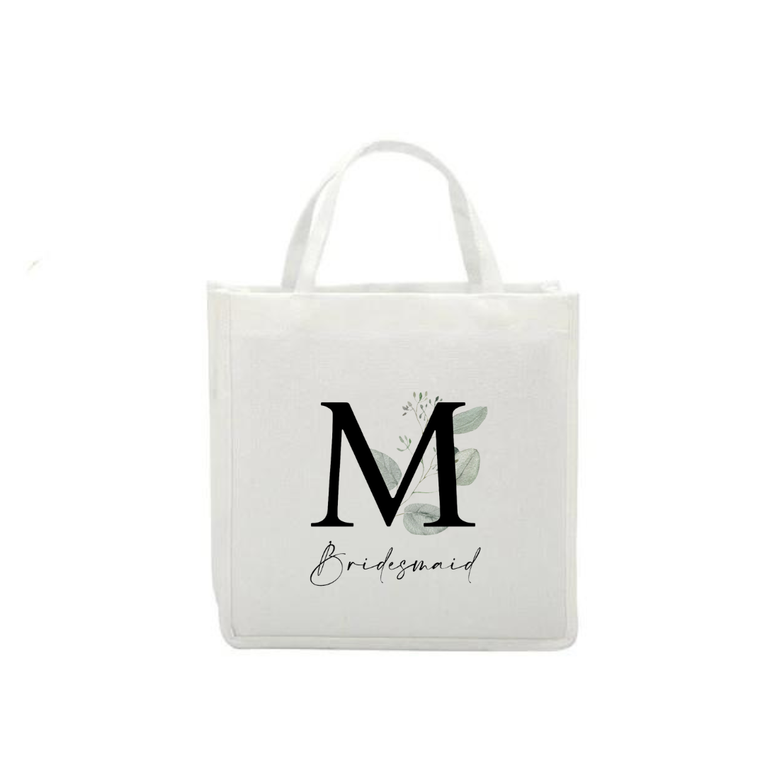 Personalised Bridesmaid Linen Tote Bag - Eucalyptus Initial Design