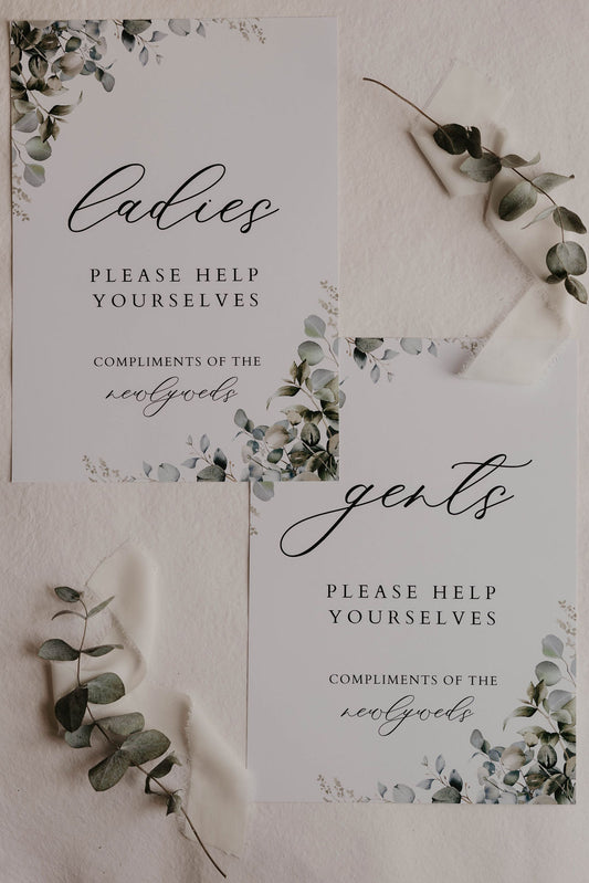 Eucalyptus Wedding Toilet Basket Signs