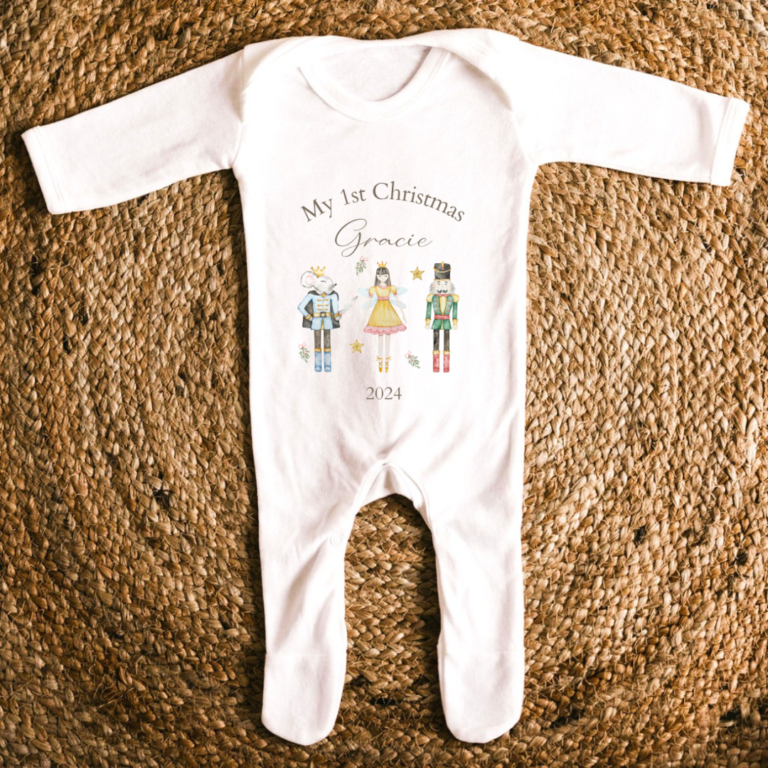 Personalised ‘My First Christmas’ Sleepsuit. Nutcracker Design